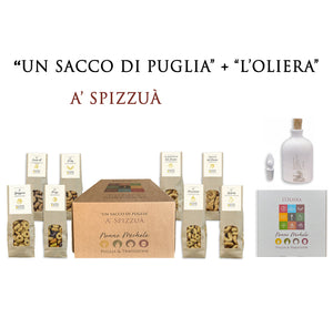 Box Regalo Un Sacco di Puglia "A' Spizzuà" con l'Oliera 200 ml - Taralli Tipici Pugliesi