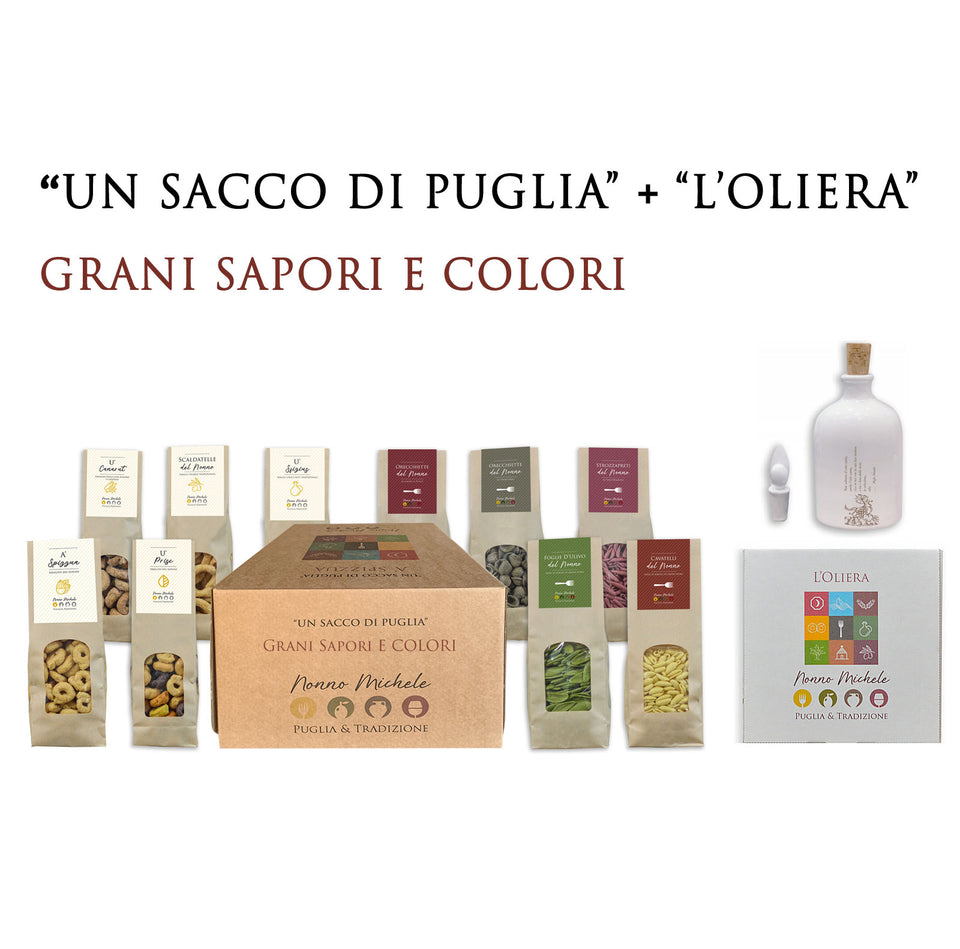 Box Regalo Un Sacco di Puglia "Grani, Sapori e Colori di Puglia" con l'Oliera 200 ml - Pasta e Taralli Tipici Pugliesi