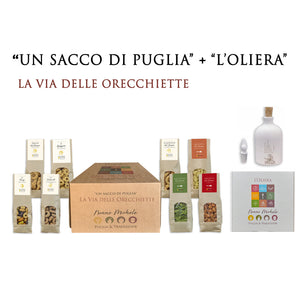 Box Regalo Un Sacco di Puglia "La Via delle Orecchiette" con l'Oliera 200 ml - Pasta e Taralli Tipici Pugliesi
