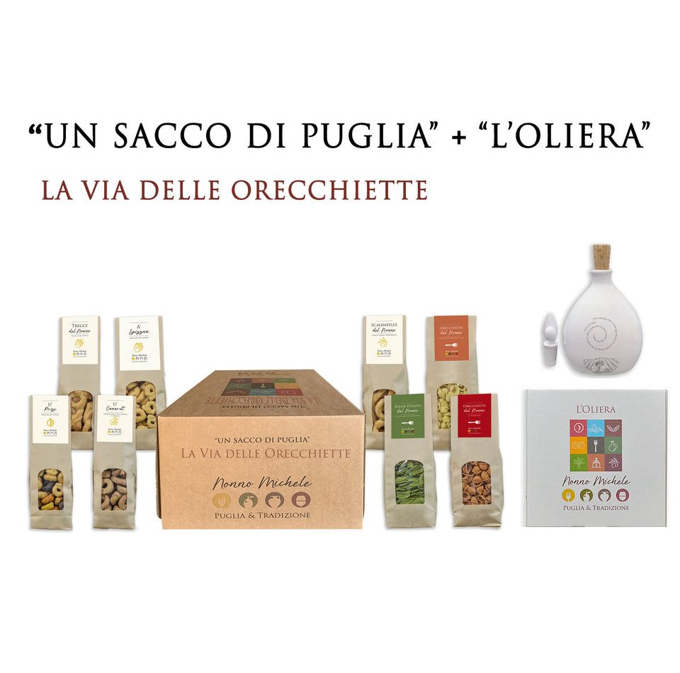 Box Regalo Un Sacco di Puglia "La Via delle Orecchiette" con l'Oliera 250 ml - Pasta e Taralli Tipici Pugliesi