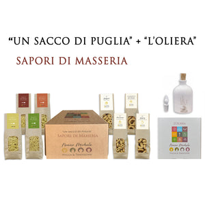 Box Regalo un Sacco di Puglia "Sapori di Masseria" con l'Oliera 200 ml - Pasta e Taralli Tipici Pugliesi