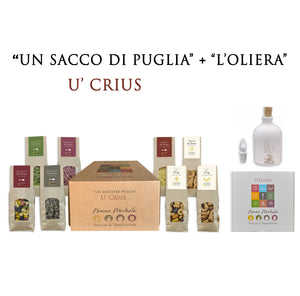 Box Regalo Un Sacco di Puglia "U' Crius" con l'Oliera 200 ml - Pasta e Taralli Tipici Pugliesi