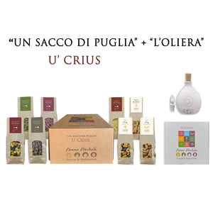 Box Regalo Un Sacco di Puglia "U' Crius" con l'Oliera 250 ml - Pasta e Taralli Tipici Pugliesi