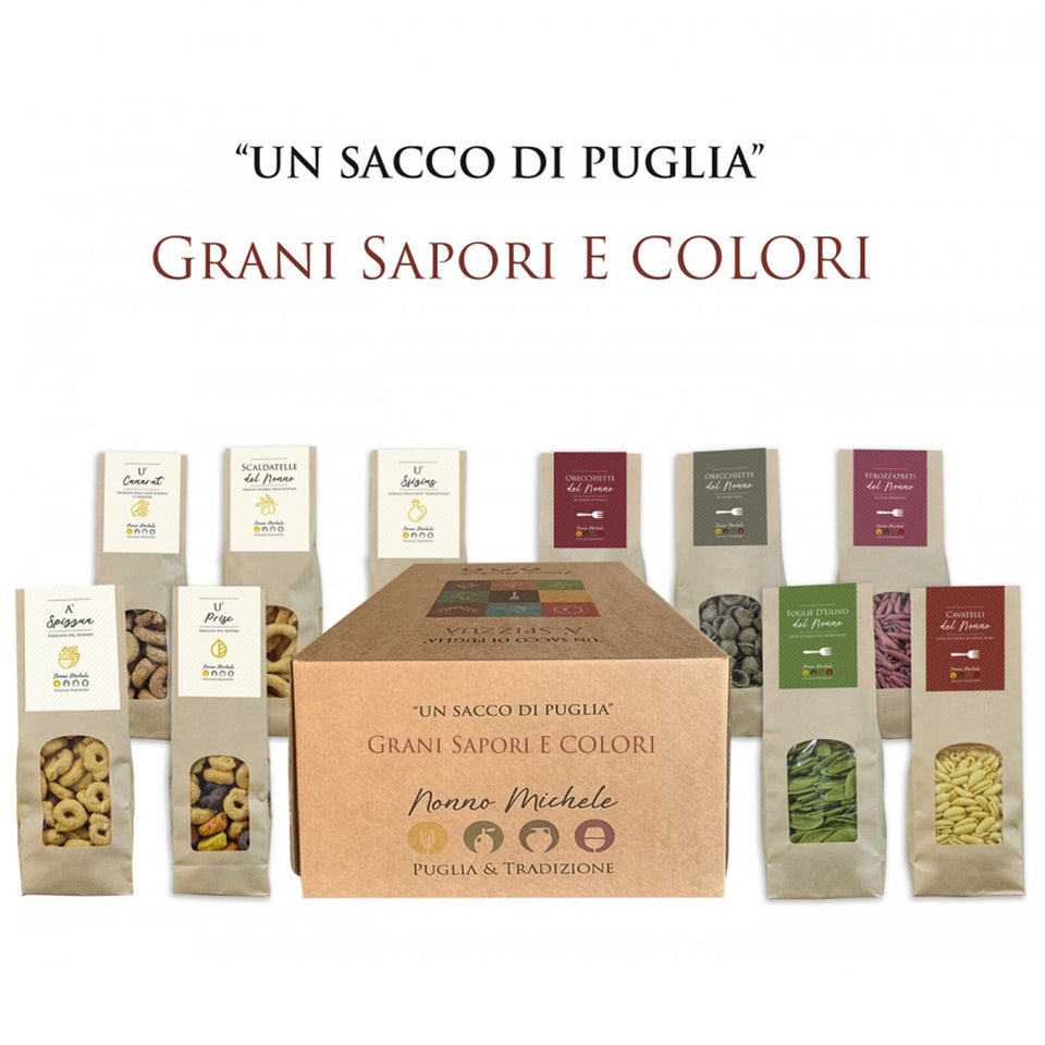 Box Regalo un Sacco di Puglia - Grani, Sapori e Colori - Prodotti Tipici Pugliesi 10 Pezzi
