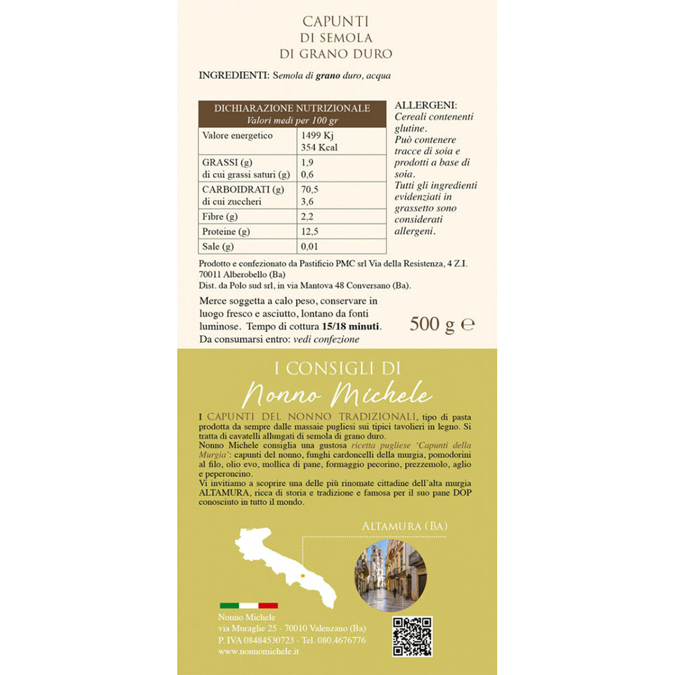 Capunti del Nonno Tradizionali - Pasta Tipica Pugliese di Semola Di Grano Duro 500g